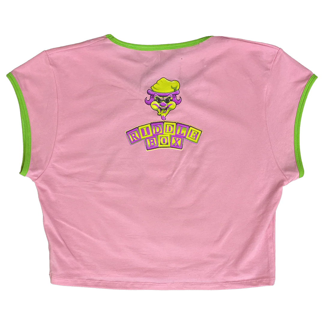 "Baby Riddle Box" Women's Belly T-Shirt In Pink - Image 3