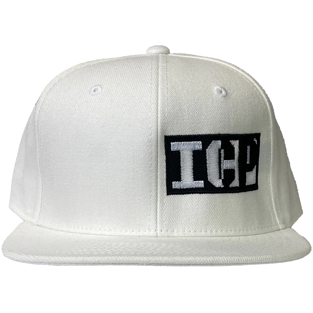 "Block Logo" Fitted Flat Bill Hat In White