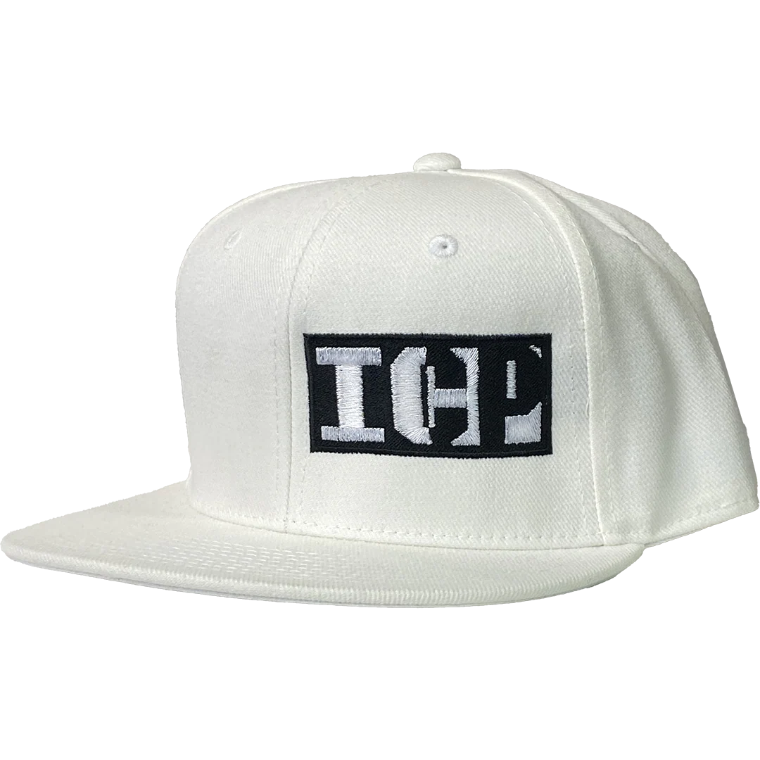 "Block Logo" Fitted Flat Bill Hat In White - Image 2