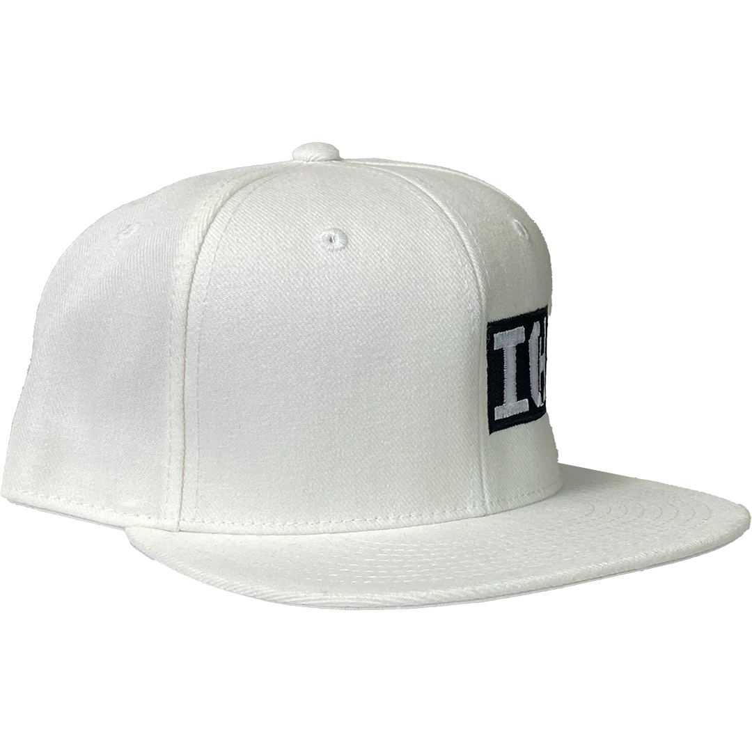 "Block Logo" Fitted Flat Bill Hat In White - Image 3