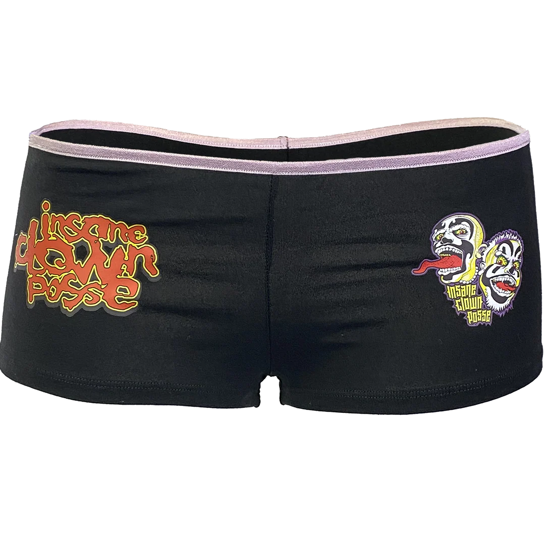 "Stack Logo Spooky Clowns" Booty Shorts In Black With Pink Waist