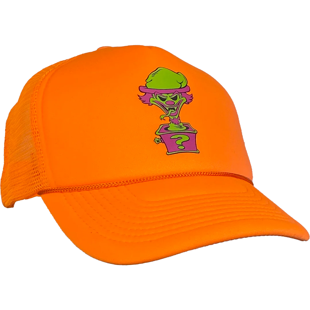 "Riddle Box" Trucker Hat In Neon Orange - Image 2