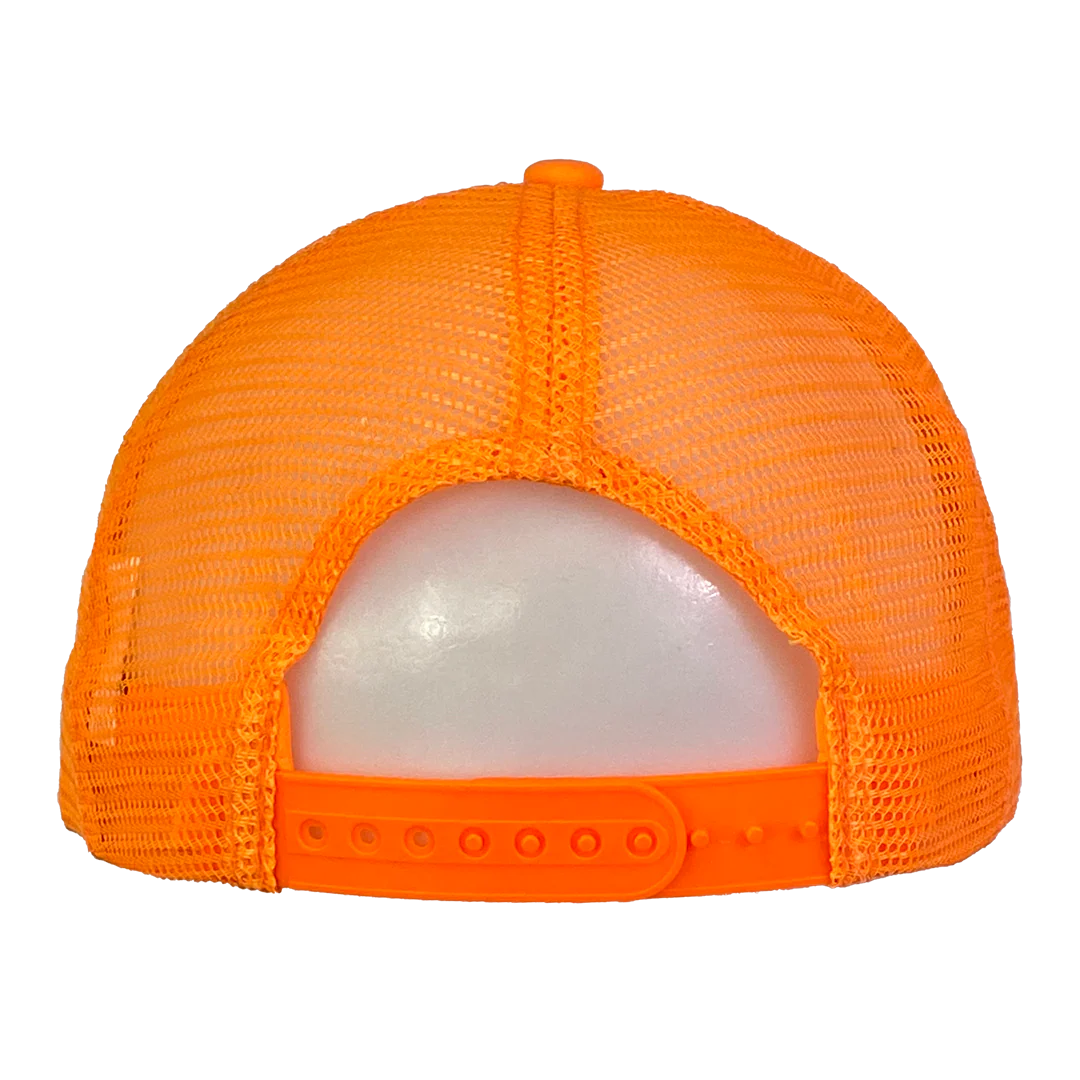 "Riddle Box" Trucker Hat In Neon Orange - Image 3