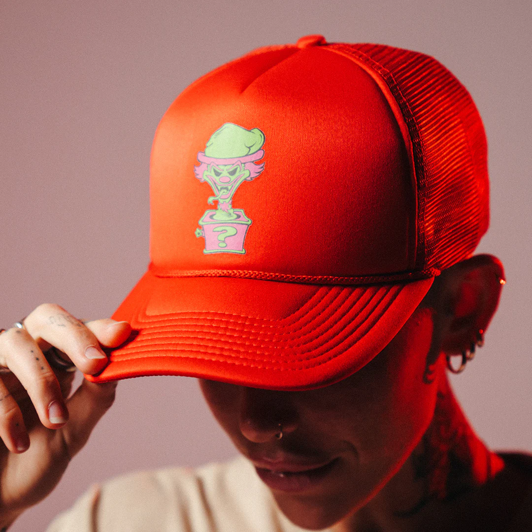 "Riddle Box" Trucker Hat In Neon Orange - Image 4