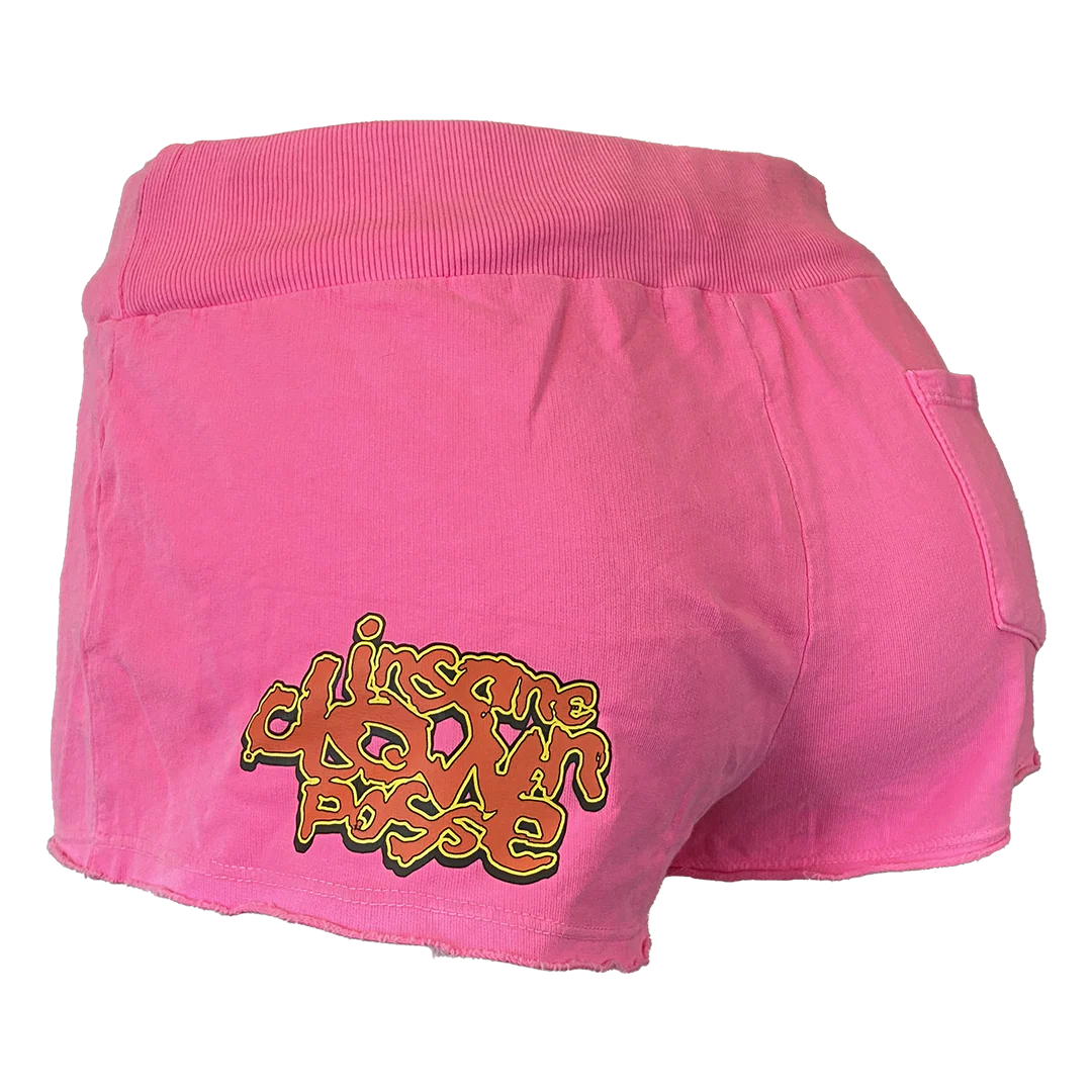 "Spooky Clowns Stack Logo" Women's Fleece Shorts In Hot Pink - Image 4