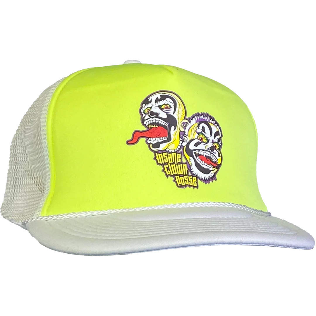 "Spooky Clowns" Trucker Hat In White And Neon Yellow - Image 2